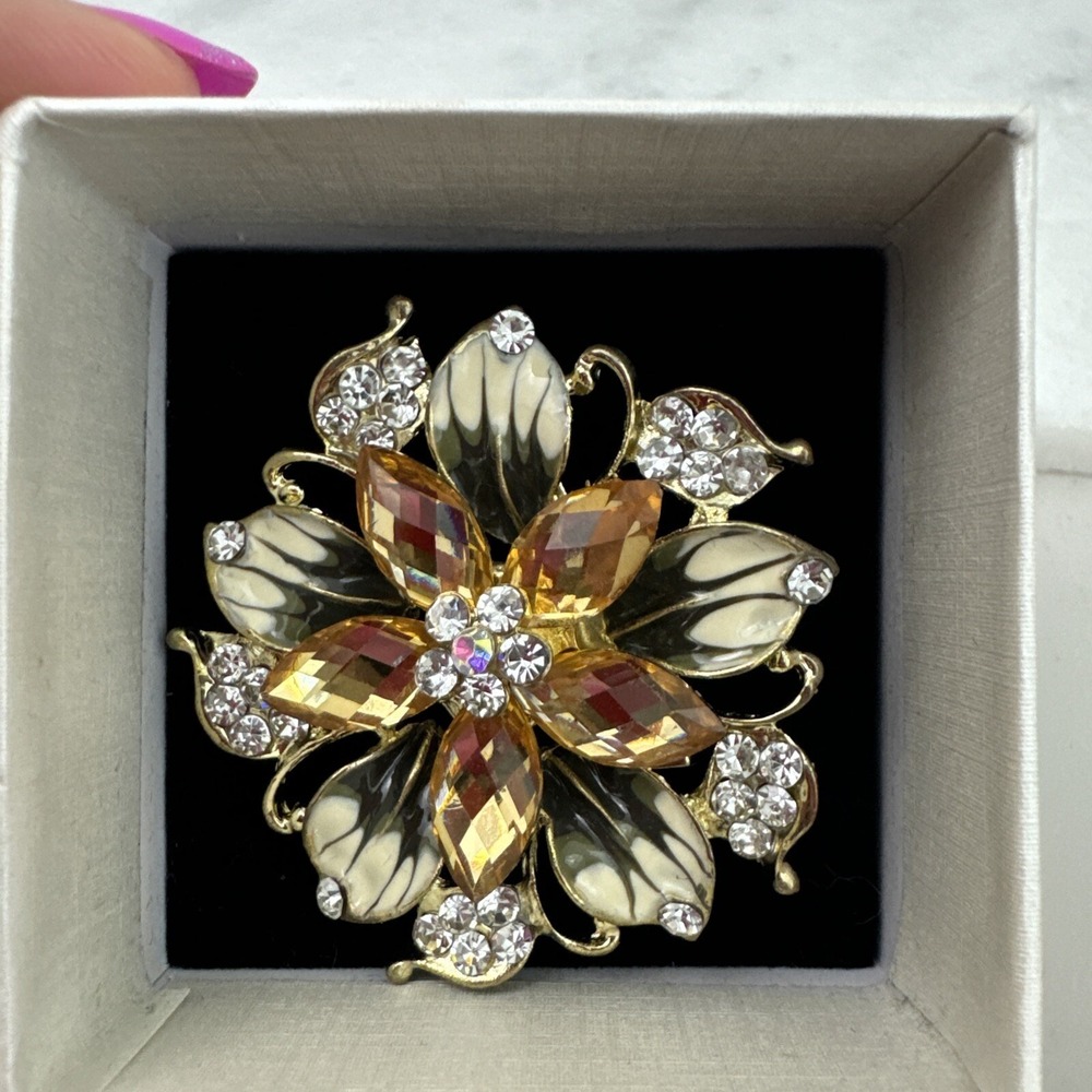 Vintage Mbox Enamel Rhinestones flower brooch gold tone